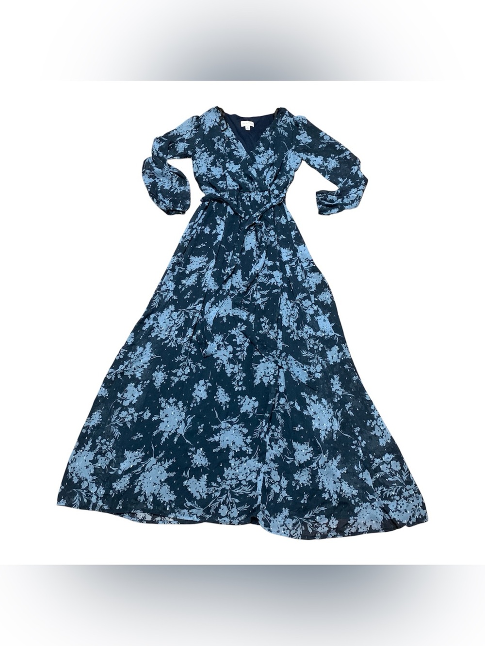 Premier Amour Women's Navy Blue Floral Long Sleeve Tie Front Maxi Dress Size 4